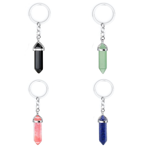 4pcs Crystal Keychain Chakra Energy Healing Crystal Stone Keyring Hexagonal Quartz Gemstone Key Pend