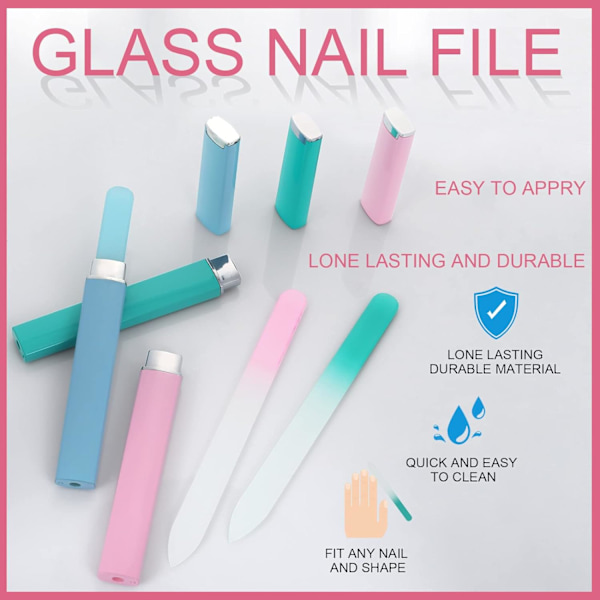 3-pak Premium Glas Neglefile med Etui, Multifarvet Krystal Negle