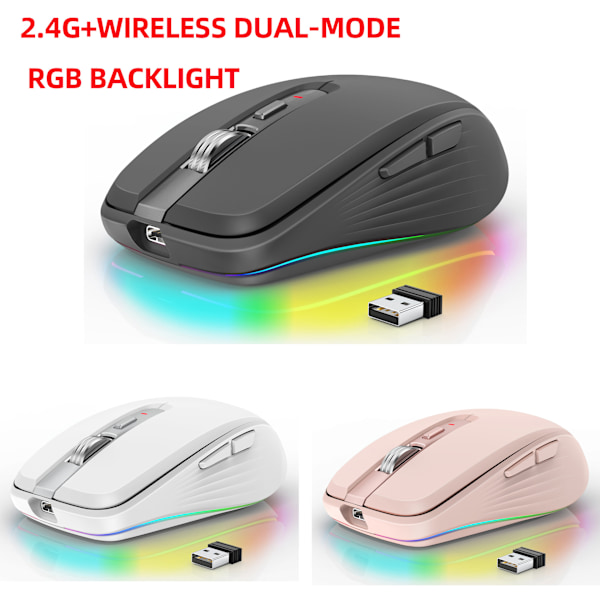 (Rosa) 2.4G Dual-Mode Bluetooth 5.1 Trådløs Mus, USB-lading