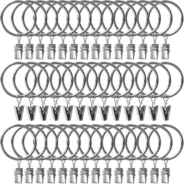 100 kappaletta metalliverhorenkaita klipseillä (hopeanvärinen), verhorenkaita klipseillä, verhorenkaita 38 mm sisähalkaisijalla