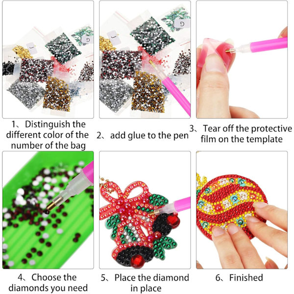 17 stycken dubbelsidiga juldiamantkonst-prydnader Diamantmålning Nyckelringar, DIY 5d målning, Julkristall C