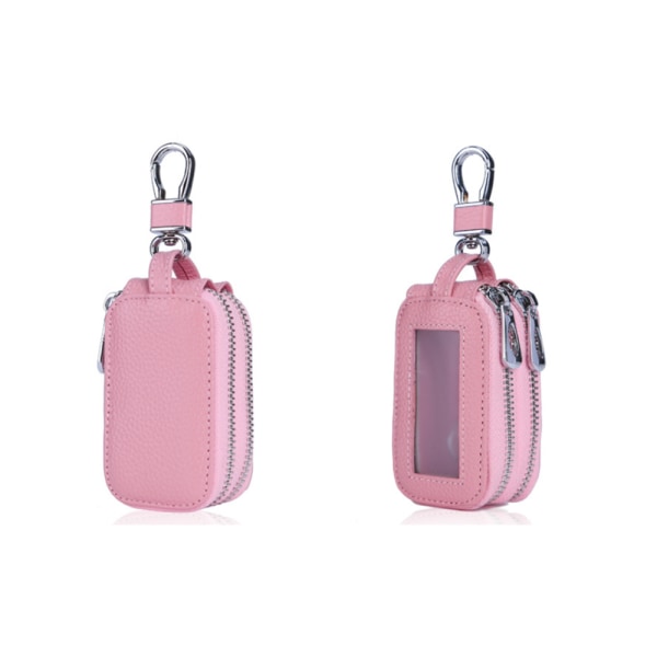 (Rosa) Case - Läderväska med dubbel dragkedja - Nyckelhållare wi