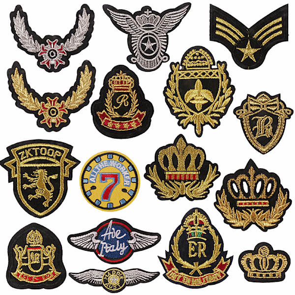 16 stk. assorterede styles broderede patches, lyse levende farver, sy på/stryg på