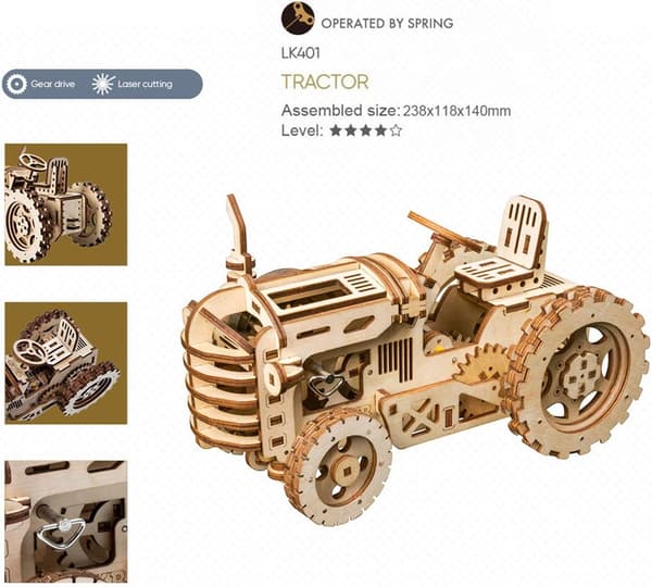 Mekanisk traktor 3D laserkuttet trepuslespill for limfri selvmontering