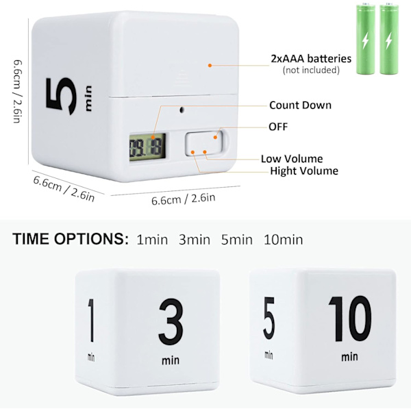 Rubiks kube timer - hvit, 1-3-5-10 minutter