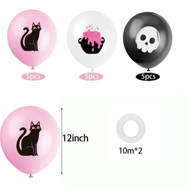 Pink Skull Balloon Halloween Tema Fest Sort Kat Banner Træk Fl