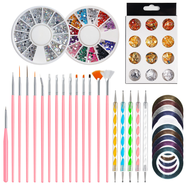 Nail Art Design Kit med 33 dele, 15 neglebørster, 5 prikkede penne, 2