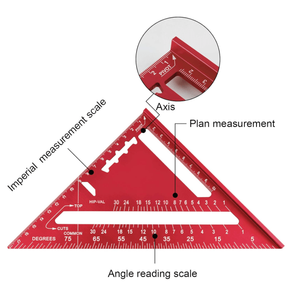 185mm Trekant Lineal, (Rød Metrisk), Vinkelmåler, Aluminium Alle