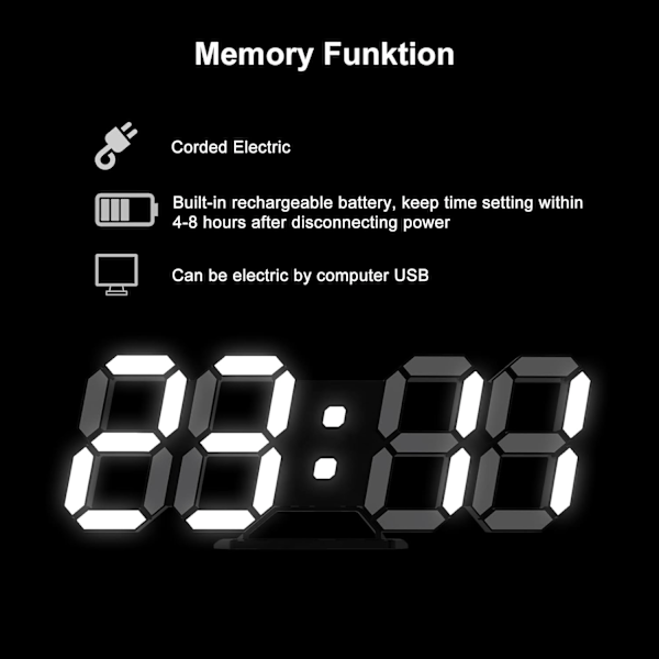 Sort 3D LED Digital Væg Ur Stort Lysende Vækkeur Lydløs Snooze Funktion Justerbar Lysstyrke 12/24 Timer Da
