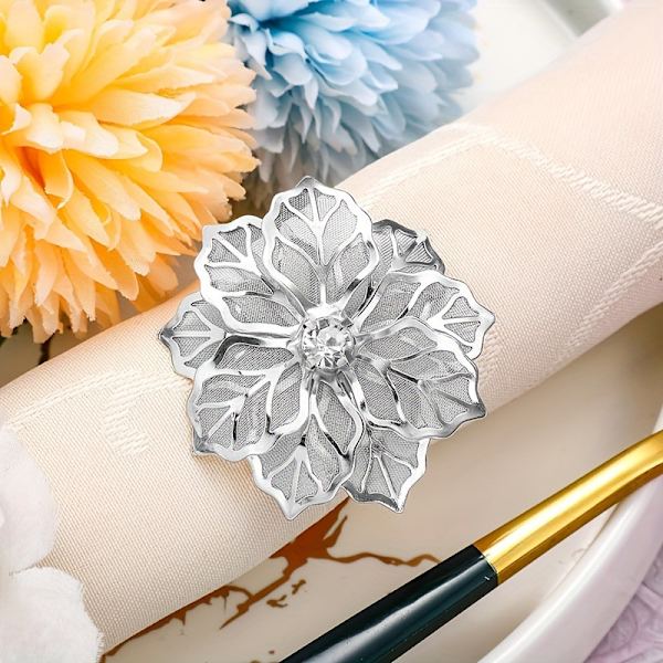 (6 st, Silver) Ihålig Blomma Servettringshållare, Metall Servettring för Fest Semester Bankett Jul Servett Spänne D
