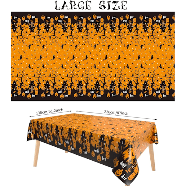 Halloween-bordsduk, orangefärgad spöklik pumpa rektangulär plastduk, 130 x 220 cm, stor hall