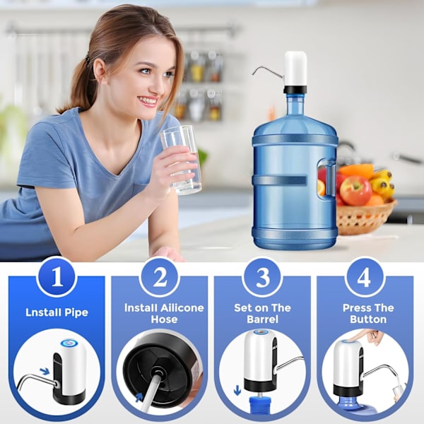 (Hvit med lys) Vannpumpe Automatisk pumpe, USB-lading dispenser, avtagbar og praktisk
