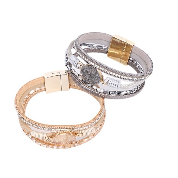 Læder Wrap Armbånd Boho Manschet Armbånd Krystal Perle Armbånd med Magnetisk Spænde til Kvinder (Grå) Q