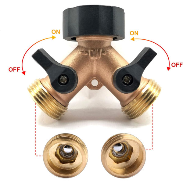 Messinghavehane Splitter, 2-vejs Y-vandingshane Splitter til 3/4\" forsynings slanger, med individuelle til/fra ventiler, til havehane