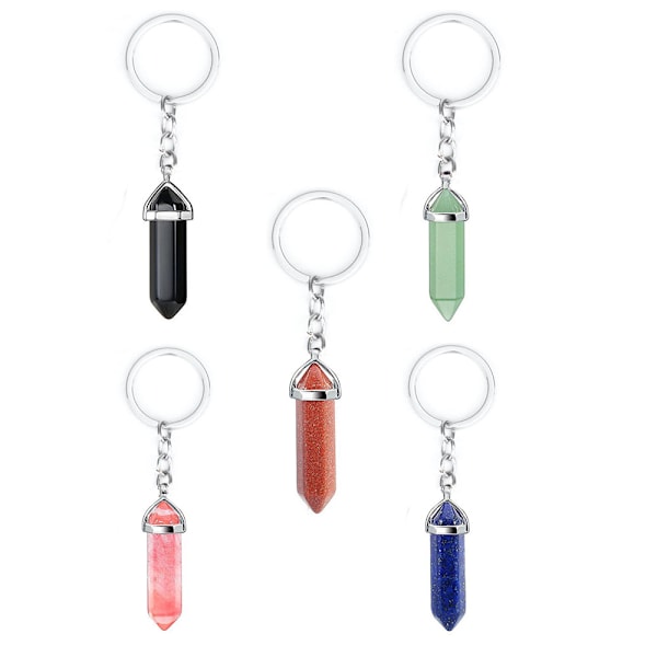 5pcs Crystal Keychain Chakra Energy Healing Crystal Stone Keyring Hexagonal Quartz Gemstone Key Pend