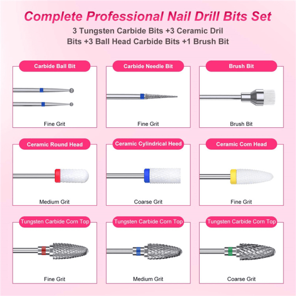 10 st Keramiska Nagelborr Set Professionell Borttagning Gel Akryl Nagelband Diamant Karbid Nagelborr Verktyg