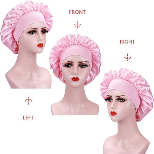 2 stycken sidenhuvor för natten, satinhuva för kvinnor, mjuk elastisk band satinhuva, siden natt (Black+Pink)