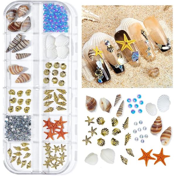 12 rutenett neglekunst rhinestones tilbehør Ocean Series naturlige skallskiver