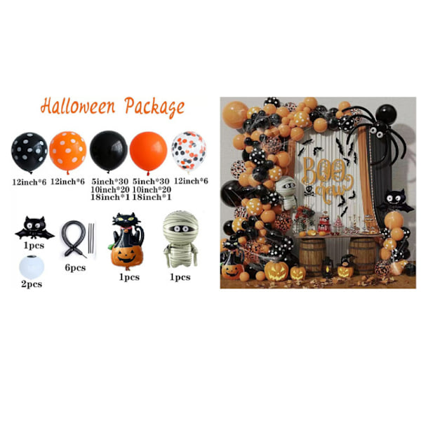 Halloween-dekoration (stil 2), Halloween-ballongbåge, svart, orange, grön, lila ballonggirlang,