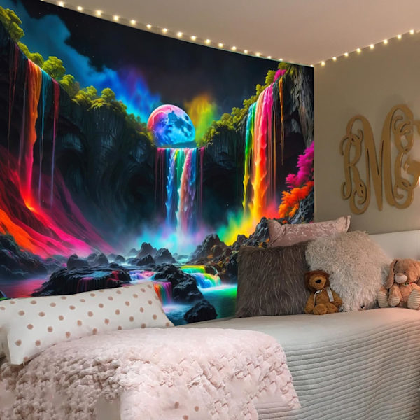 Svartlys Fantasy Foss Planet Gobelin UV-reaktiv Natur Gobelin Neon Landskap Mo