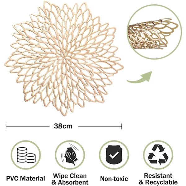 Guld PVC Dækkeservietter Sæt af 2 Runde Blomster Dækkeservietter Vaskbare Varmebestandige Bordmåtter til Moderne Kit