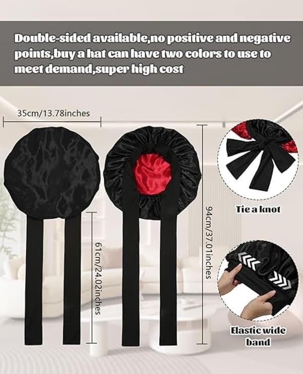 Satin Bonnet Silke Bonnet til Søvn Silke Nathætte Dobbelt Lag Hår Bonnet med Elastisk Bånd til (Black+Red)
