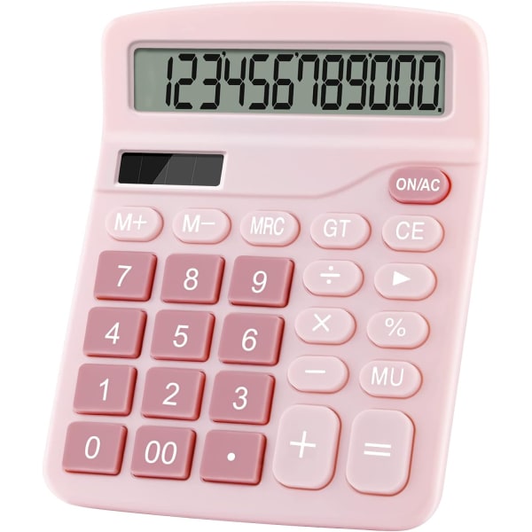 (Pink)Large 12-Digit Dual Powered Basic Desktop Calculator,Solar