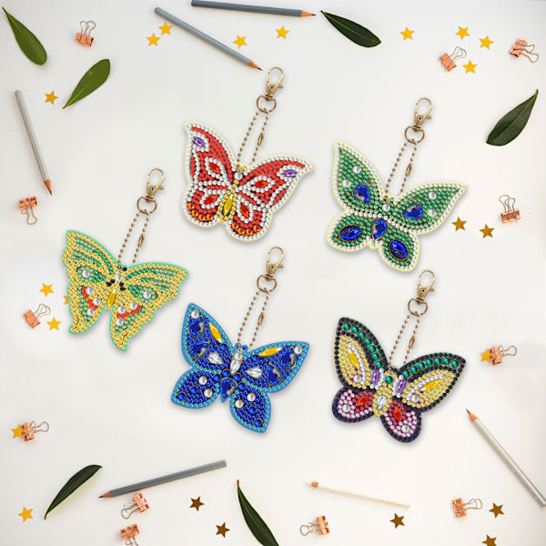 5 Stykker 5D DIY Butterfly Diamantmaleri Nøgleringe, DIY 5D Diamantkunstmaleri Diamantmaleri Nøglering Nøglering Pen M