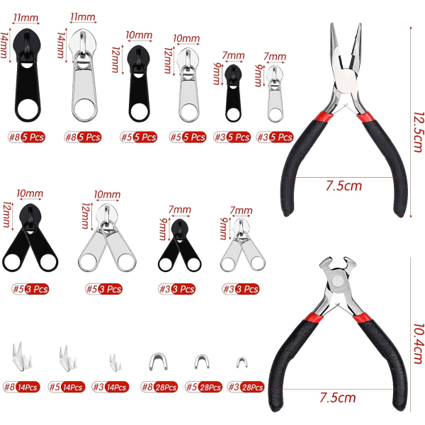 171 stk glidelåsreparasjonssett, glidelåserstatning med 2 minitenger, for plagg, veske, jakker, telt, bagasje