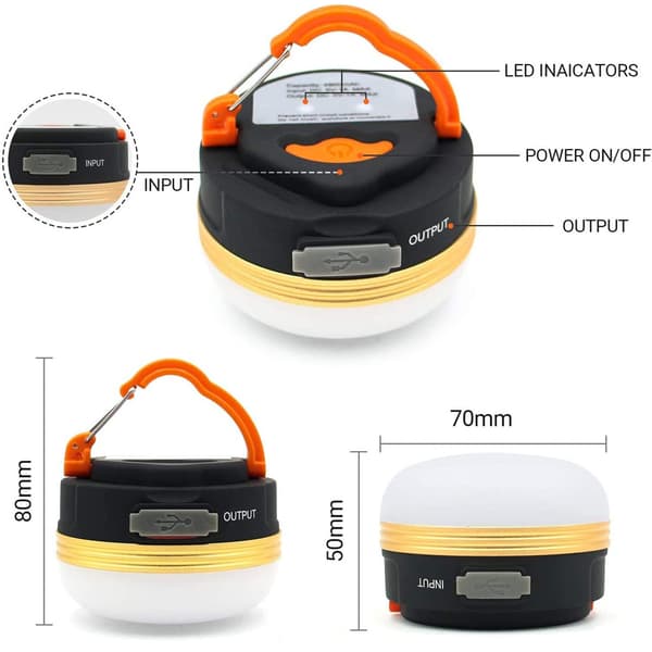 Campinglys Lanterne LED Lampe USB Oppladbar Vanntett 3 Moduser D