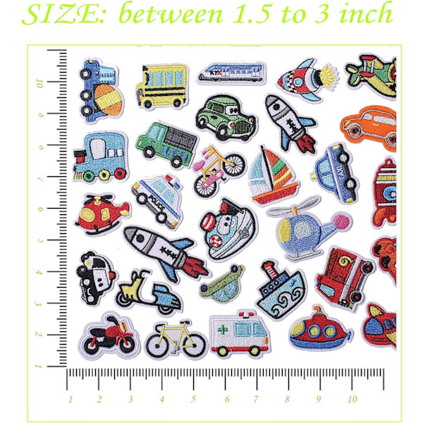 Paket med 30 söta trafik- och bilmönster broderade lappar att stryka på och sy på för jacka, hatt, ryggsäck, jeans, fo M