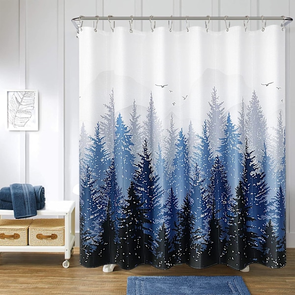 (165*180CM) Blå Misty Forest Mountain Naturlig Træ Polyester Bruseforhæng til Badeværelse