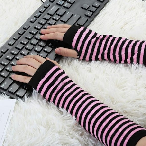 Vinterhandskar för kvinnor - Rosa ränder, varma långa handskar med fingerlöst tumhål vid armbågen