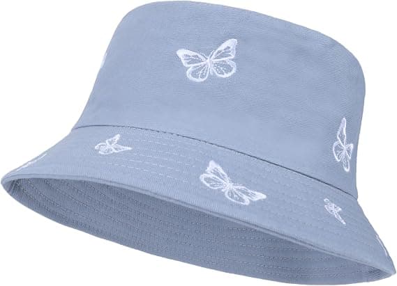 (Blå) Sommerfugl Broderi Spand Hat Dobbeltsidet Foldbar Foldbar Strand Sol Hat Kvinder'