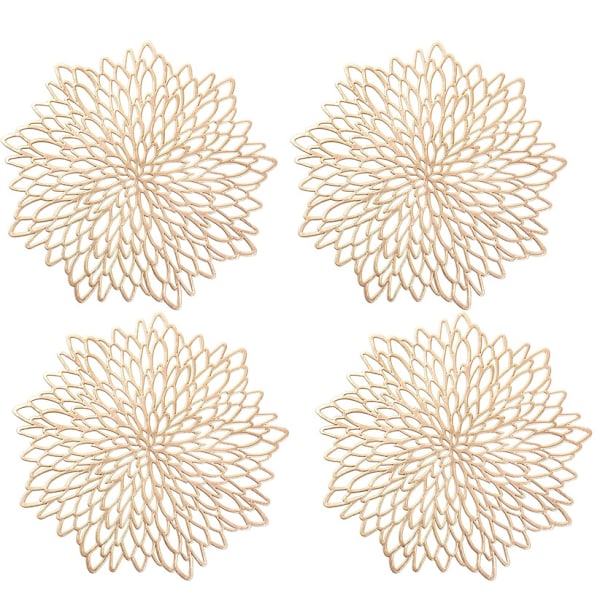 Gold PVC Placemats Set of 2 Round Flower Placemats Washable Heat Resistant Table Mats for Modern Kit