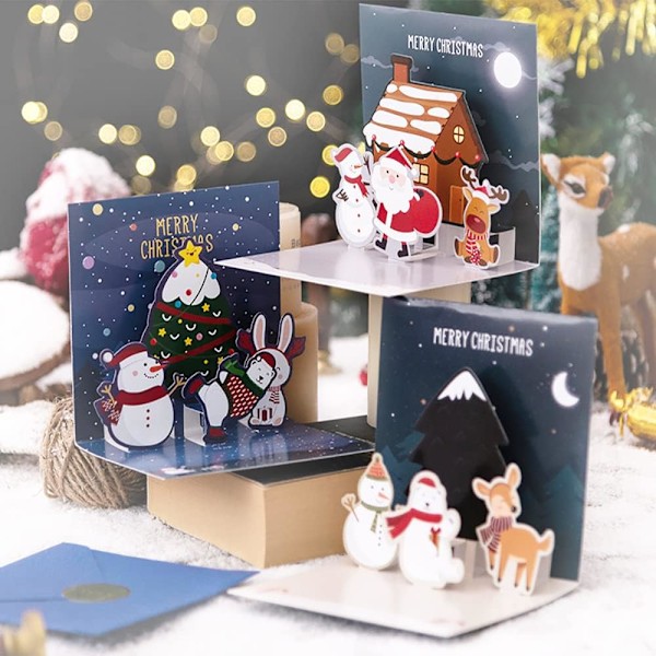 6 stk 3D Julekort med konvolutter (2), 3D Pop Up Julekort God Jul Postkort, Julenissen