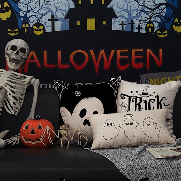 4 st Halloween-kuddfodral 18\" x 18\" Svartvitt spöke kuddfodral set för soffa säng bil dekorat