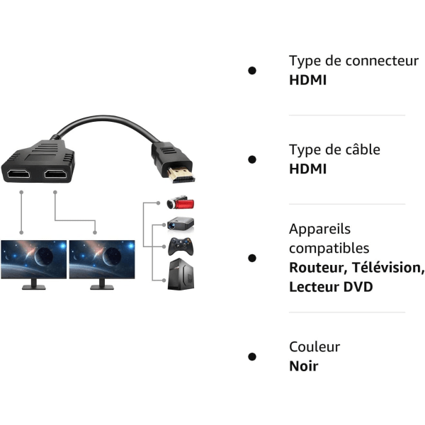 HDMI 1 han stik til dobbelt HDMI 2 hun Y splitter kabel adapter