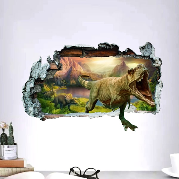 3D dinosaurie väggdekaler bryter igenom stora dino djungel dinosaurie väggdekaler baby pojke barn sovrum