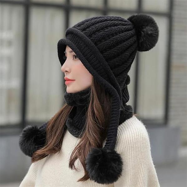 Vinterlue Beanie-lue med Peruansk Sirkelskjerfsett, Skiøreklaffer for Kvinner