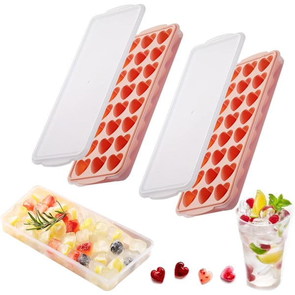 2 Pack Heart-Shaped Ice Cube Trays with lid and bin - 48 Holes Silicone Mini Heart Ice Cube Tray, BP