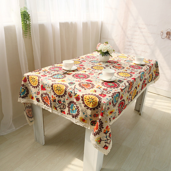 (140*180cm) Cotton and Linen Tablecloth Ethnic Modern Bohemian Floral Jacquard Washable Sm