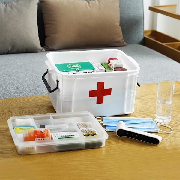 Multifunktionell medicinlåda för förvaring av medicinska förnödenheter i hemmet, tvådelad plast, 24,5 x 1