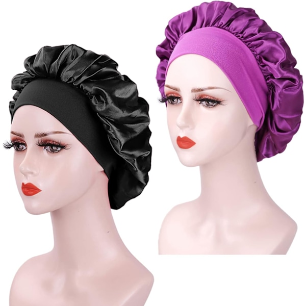 2 stycken sidenhuvor för natten, satinhuva för kvinnor, mjuk elastisk band satinhuva, siden natt (Black+Purple)
