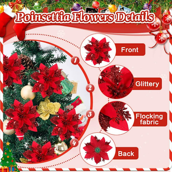 （roung）12 st julstjärnor julblommor för julgran röda konstgjorda julblommor deco Poinset