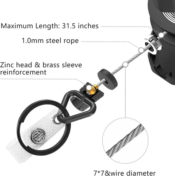 Heavy Duty Retractable Nøglering, Bælteklips og Karabinhage, 8oz Ret