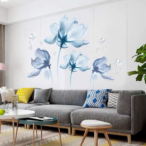 Blå Blomster Vægstickers Store Blå Blomster Vægsticker Valmueplante Vægsdekoration Stue Soveværelse Badeværelse