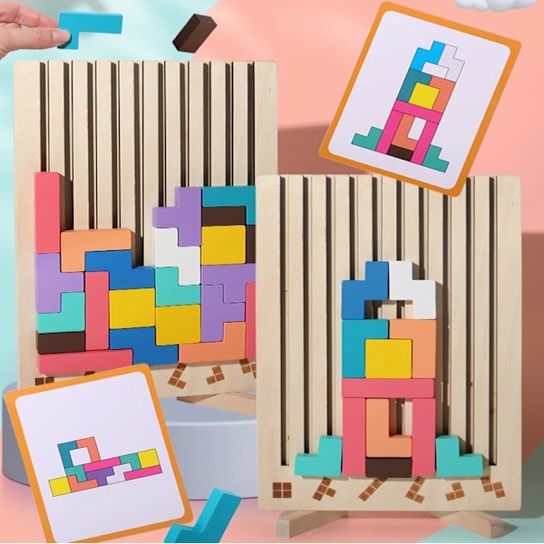 Treblokkpuslespill Hjernepuslespill for småbarn Tangram Intellektuelt puslespill Fargerikt 3D Byggeblokkspill G