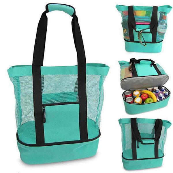 Stor Vikbar Nätstrandväska med Blixtlås, Vattentät Sandskyddande Axelväska med Flera Fack, Tote Bag, Förvaring för Kläder, Leksaker W
