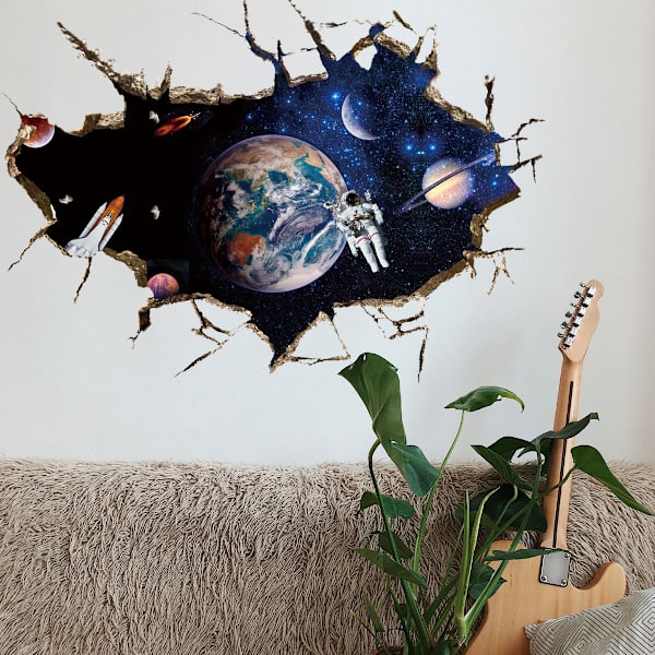 3D Planet Galaxy Astronaut Väggdekaler, Universum Rymden Rymdfarkost Vy Fönster Väggdekaler för Barn